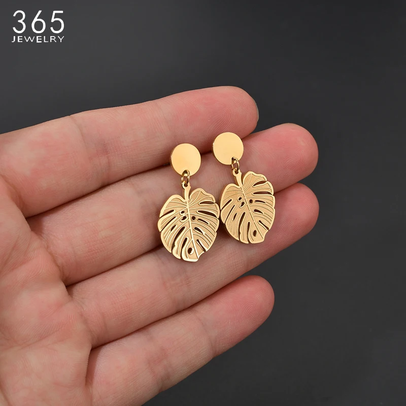 Bohemian Stainless Steel Monstera Leaf Dangle Drop Earrings Women Gold Color Tropical Hollow Plant Leaves Brincos Party Gifts