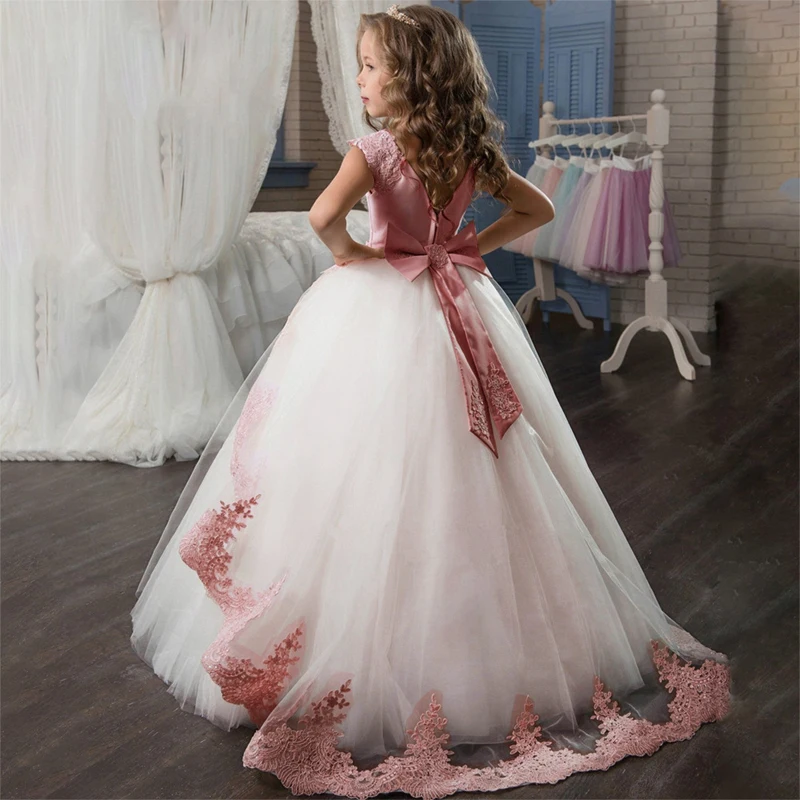 Kids Party Dress For Girls Wedding Bridesmaid Gown Lace Flower First Communion Evening Dresses Elegant Children Girl Clothes