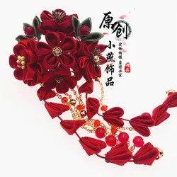 Kimono Pure Handwork Japanese style Hairpin Sakura Tassel Bead Chian Kanzashi Chinese Hanfu Photography Bride Headdress Wine Red