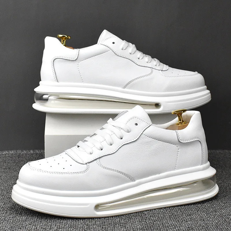 Korean designer mens leisure genuine leather shoes comfortable air cushion sneakers lace-up white shoe platform footwear zapatos