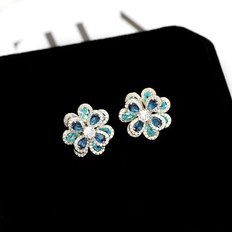 

EYER Exquisite Flower earrings AAA Cz Zircon stone Colorful Blue Color Party wedding Stud Earrings for women Fashion Jewelry