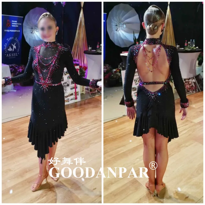 

2021 sexy salsa dress costume color women comptition dancewear ladies dresses gold rhinestone Salsa Samba Performing Dress
