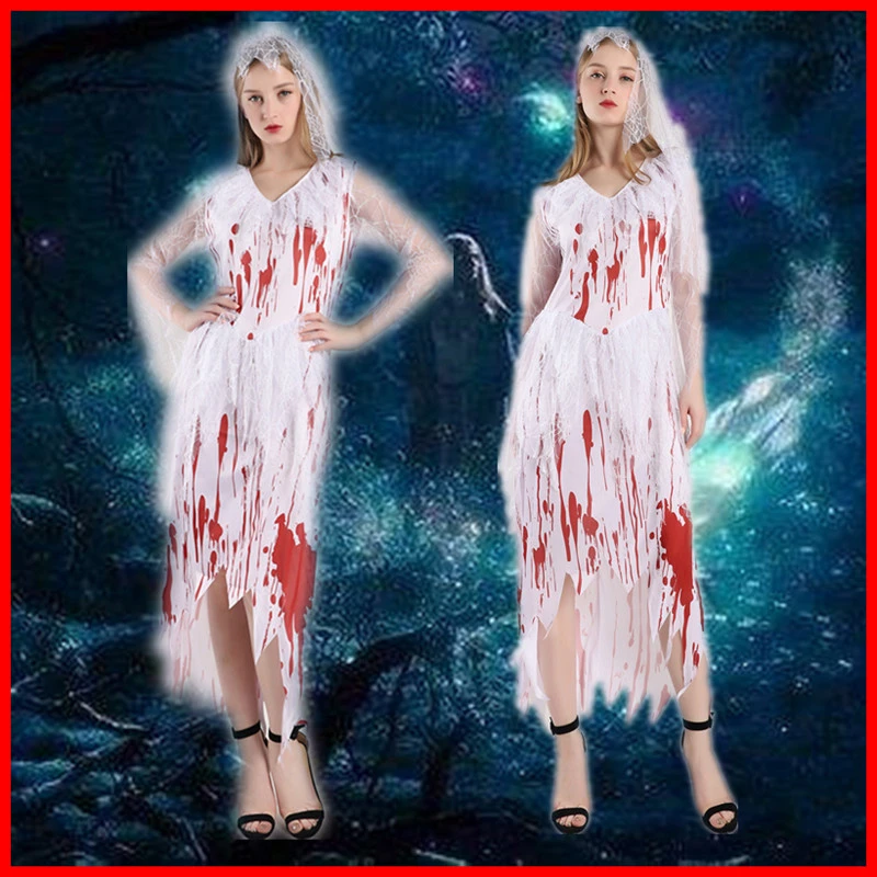 

Halloween Women Bloody Bride Cosplay Horror Zombie V-Neck Lace Head Veil Irregular Hem Skirt Ghost Festival Ladies Costumes New