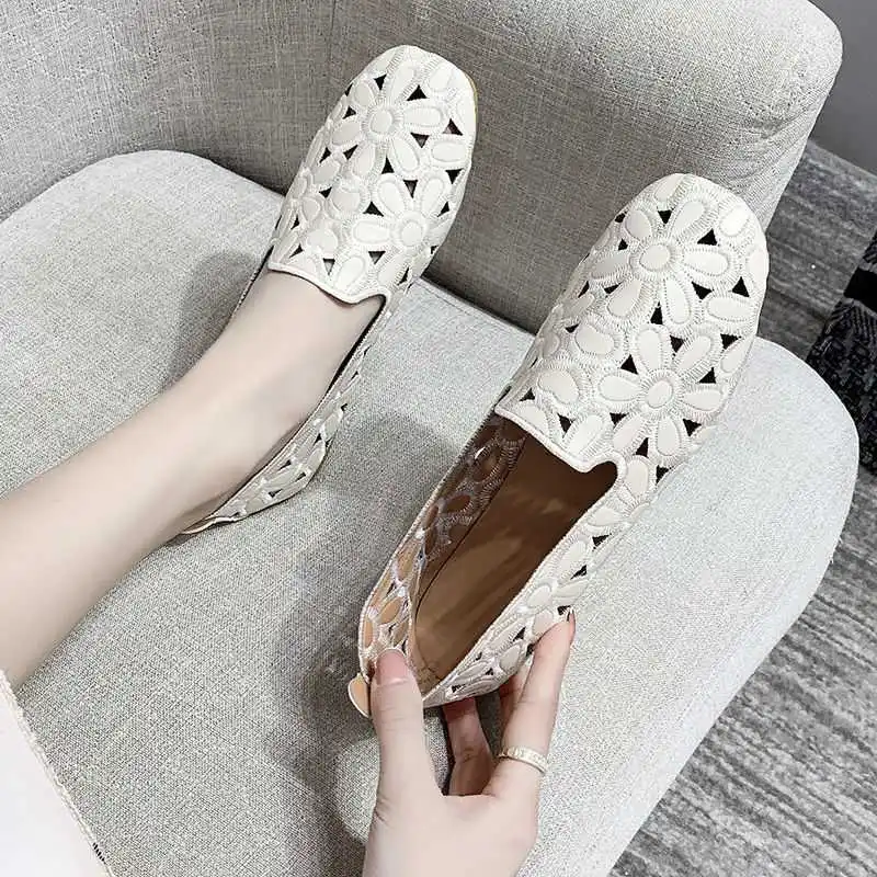 Comfort Loafers Ladies Cutouts Summer Leather Moccasins Women Casual Pointed Toe Shoes Mother Yellow Flats 2022 Spring New Flats