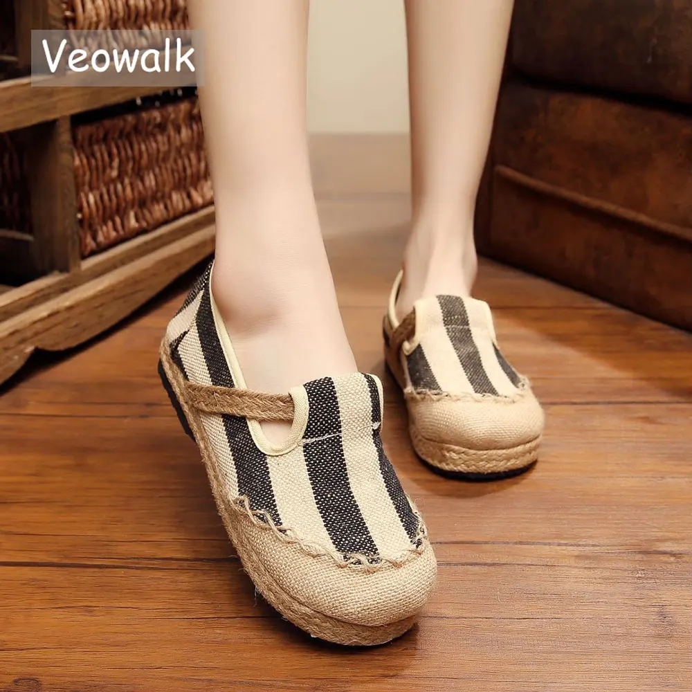 Veowalk Striped Women Casual Cotton Cloth Loafers Handmade Slip on Ladies Thick Hemp Soled Canvas Flat Shoes Zapato Mujer