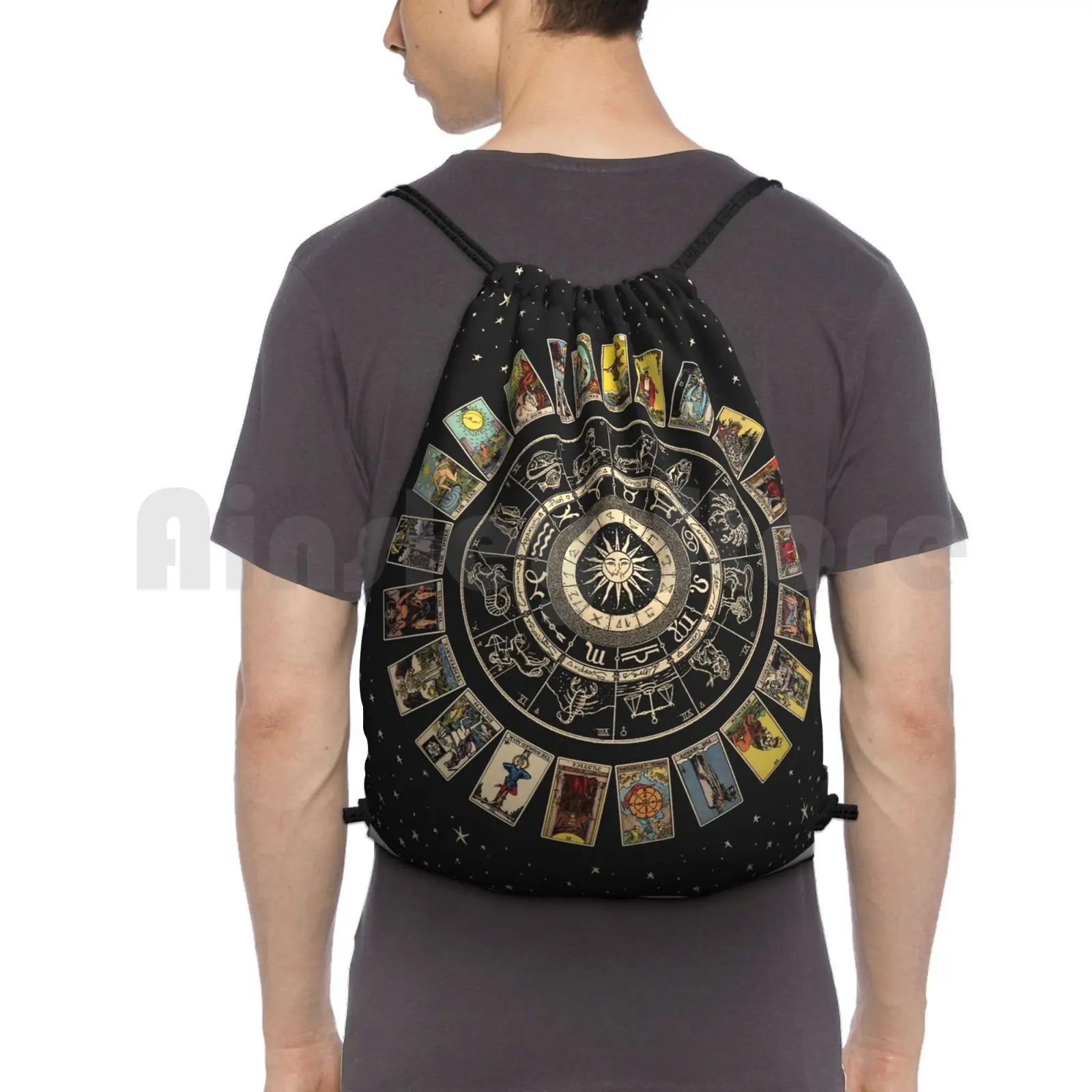 Wheel Of The Zodiac , Astrology Chart & The Major Arcana Tarot Backpack Drawstring Bags Gym Bag Waterproof Labyrinth