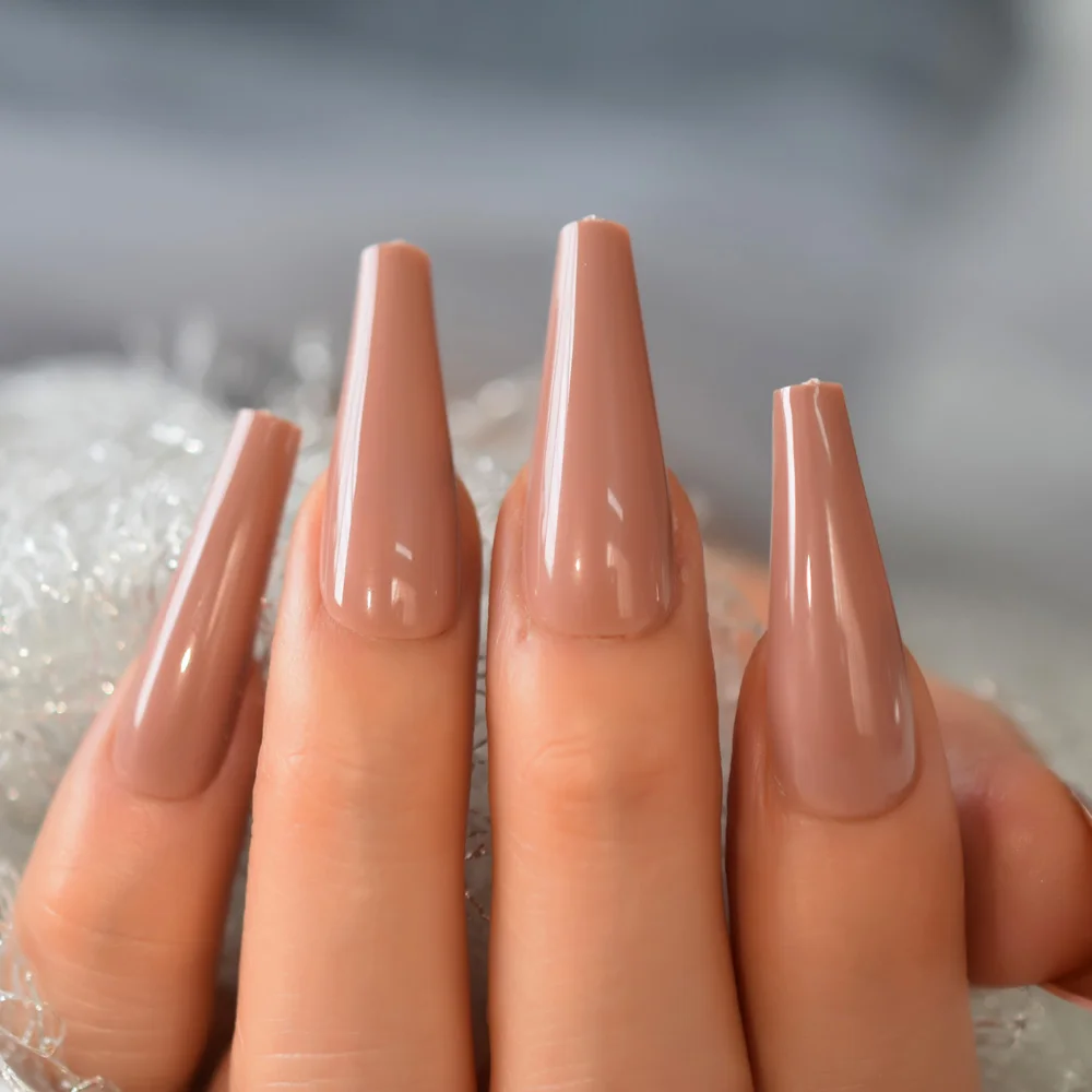 Nude Brown Super ยาวเล็บปลอม Coffin Glossy กด Ballerina อะคริลิคเล็บปลอม Party คอสเพลย์พรหมสำหรับผู้หญิงหญิงสาว