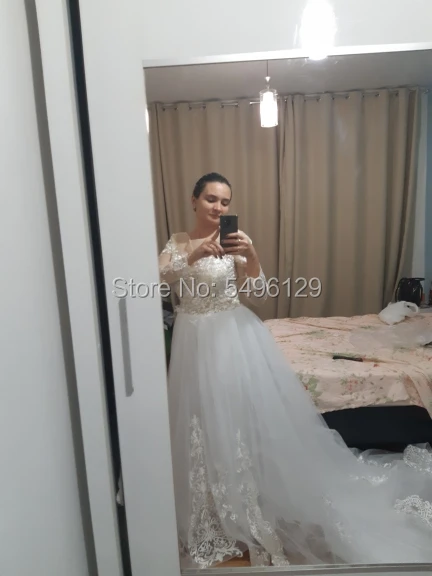 Sexy Sheer Scoop Neck Una Linea di Abiti Da Sposa Romantico Pizzo Appliques Maniche Lunghe Vestido Noiva Tulle Abiti Da Sposa Vestito Da Sposa