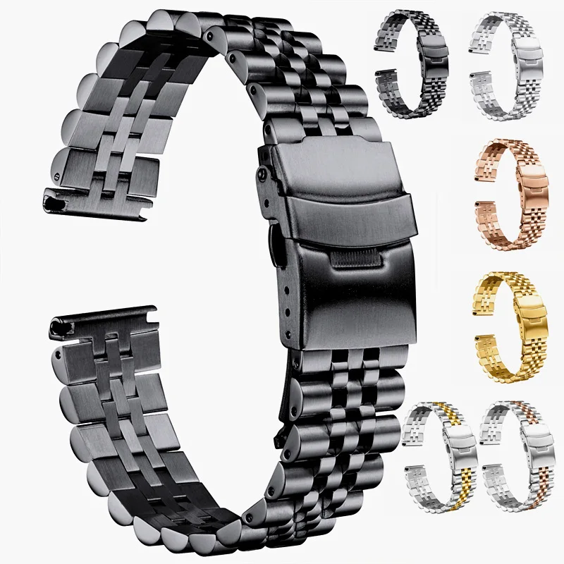 Five beads stainless steel strap solid steel strap insurance buckle strap black bracelet watch accessories 20 22 24mm