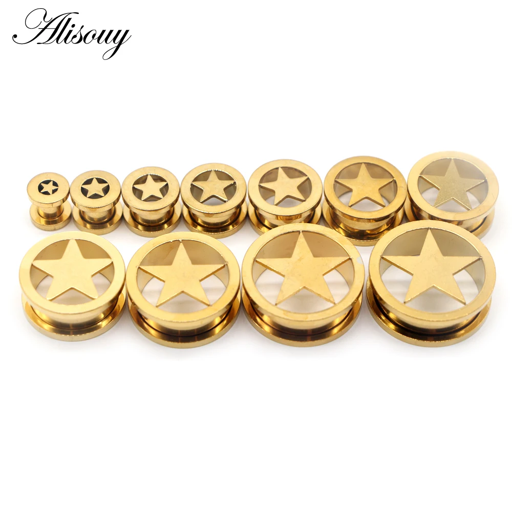 Alisouy 2pc 6-25mm Stainless steel Anodized Screw On Hollow Star Tunnels Ear Plugs Earlets Expander Gauges Body Piercing Jewelry