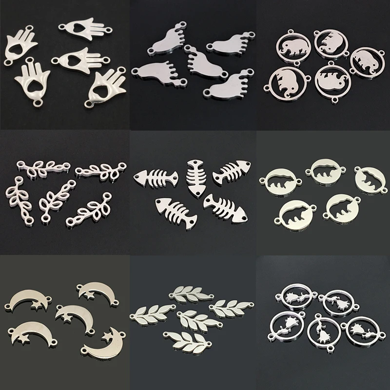 5Pcs Stainless Steel Animals/Heart-shaped/Hand/Feet/Fish Bone/Flower Connectors For DIY Necklace Bracelets Jewelry Making