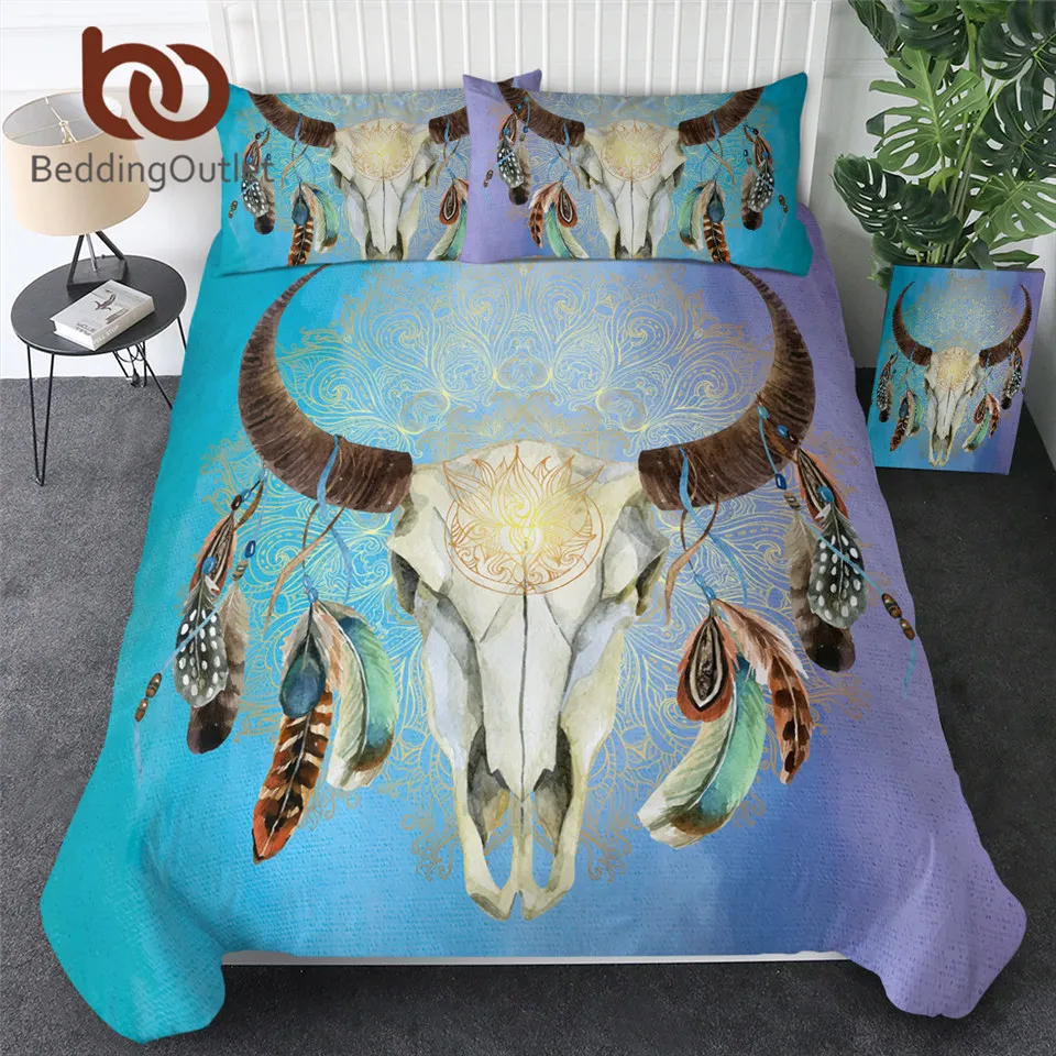 

BeddingOutlet Head Skull Bedding Set Tribal Feathers Duvet Cover Bohemian Floral Bedclothes Aztec Bedspreads 3-Piece