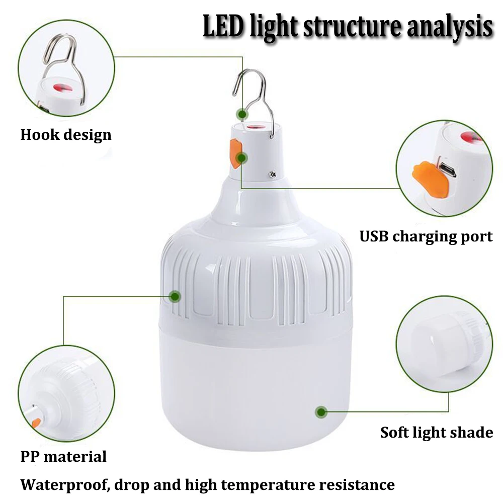 Lámpara LED móvil recargable por USB para exteriores, bombillas de emergencia, gancho portátil, luces de Camping, decoración del hogar, luz