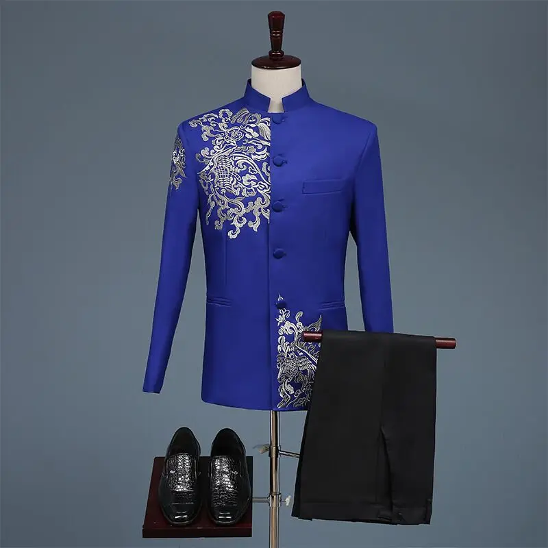 Men Stylish Embroidery black Red White Blue Gold Floral Pattern 2 Sets Suits Stage Singer Wedding Groom Jacket Pants 2 pieces