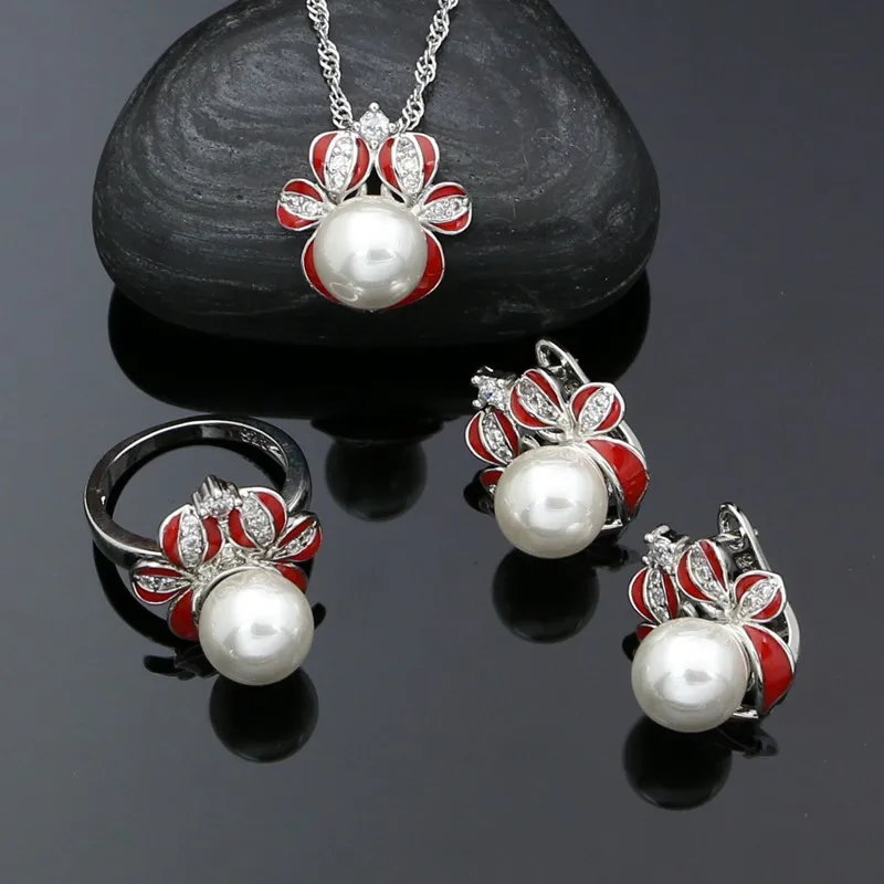 

Classic Enamel Jewelry Set Red Reindeer Christmas Jewelry Pearl Earring Necklace Pendant Ring Gift for Woman