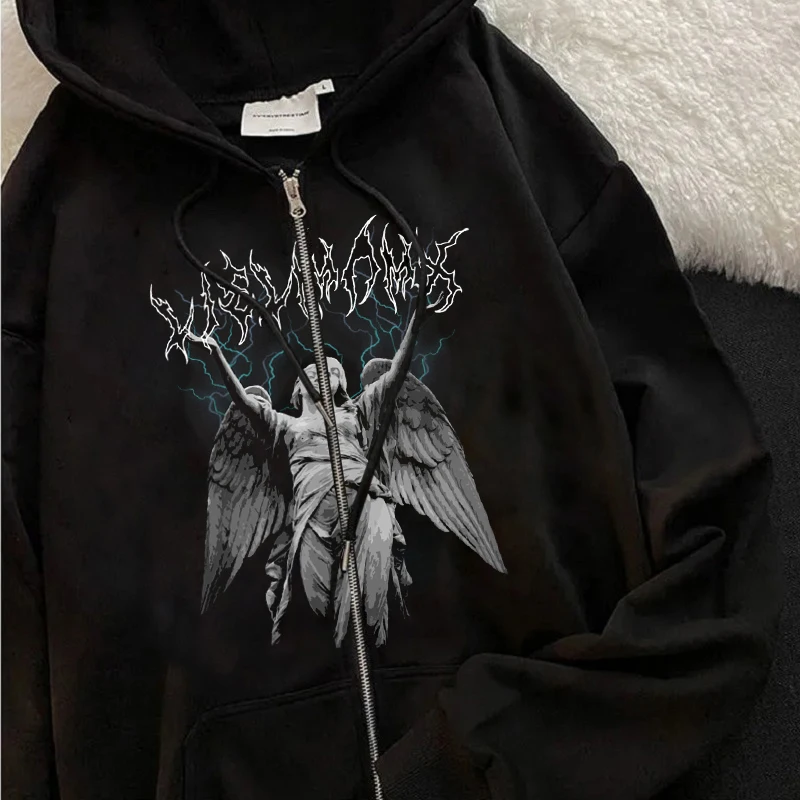 Gothic Aesthetic Loose Women's Sweatshirt Lightning Angel Letter Print Y2k Hip-hop Harajuku Streetwear Winter vintage warm Coat