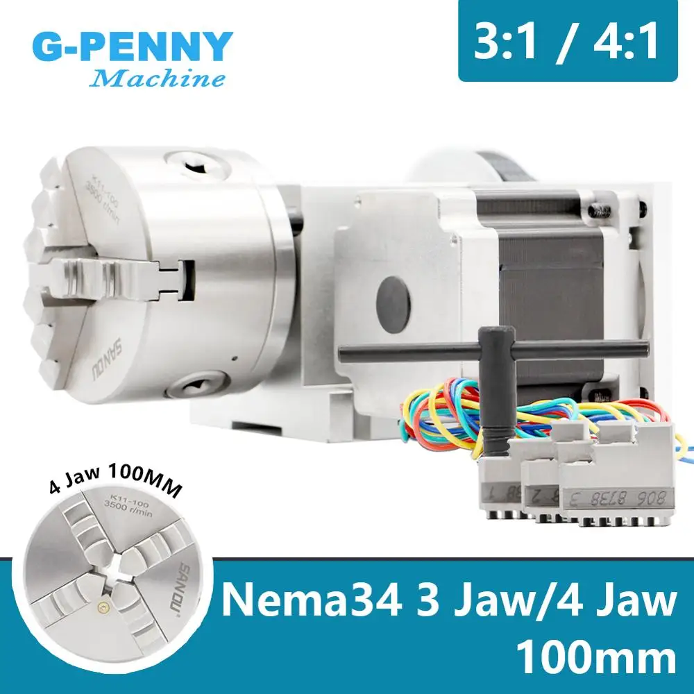 

G-Penny 3 челюсти/4 челюсти 100 мм 4-я ось Делительная головка с ЧПУ/ось вращения/комплект оси Редукционное соотношение 4:1 с шаговым двигателем Nema34