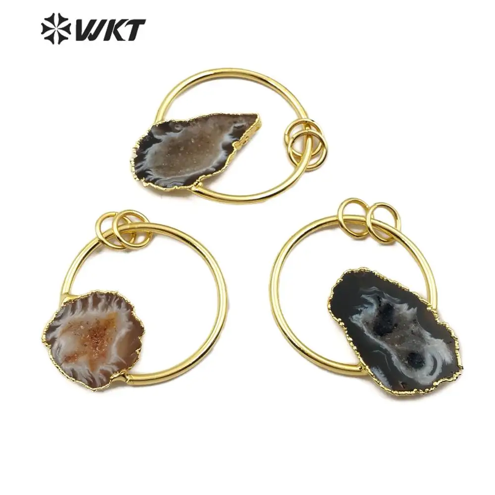 

WT-P1455 Natural Stone Pendant Druzy Geode A gate Black/Brown Color With Gold Electroplated Big Ring Fashion Pendant Jewelry