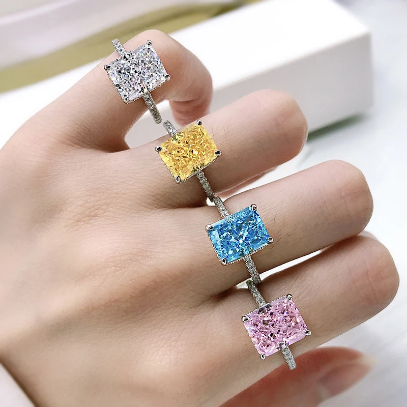 OEVAS 100% 925 Sterling Silver 8*10mm Yellow Pink Aquamarine High Carbon Diamond Radiant Cut Rings For Women Party Fine Jewelry