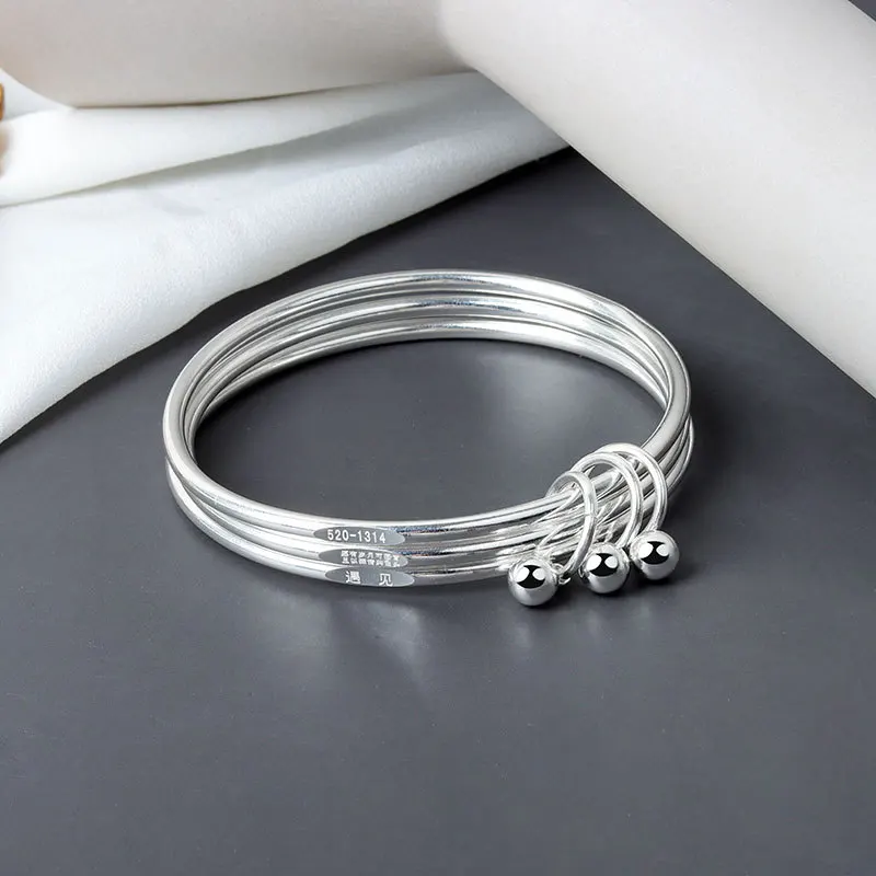 Korean Glossy Simple Classic Three-layer Ball Silver Color Bangles & Bracelet for Women Handmade Fine Jewelry Birthday Gifts