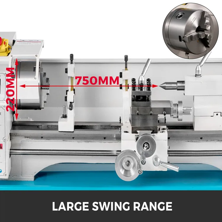 1100W 220 mm x 750mm Metal Lathe Mini Lathe for Counter Face Turning Driling With Dead Center MT2 Gear Oil Gun Gears