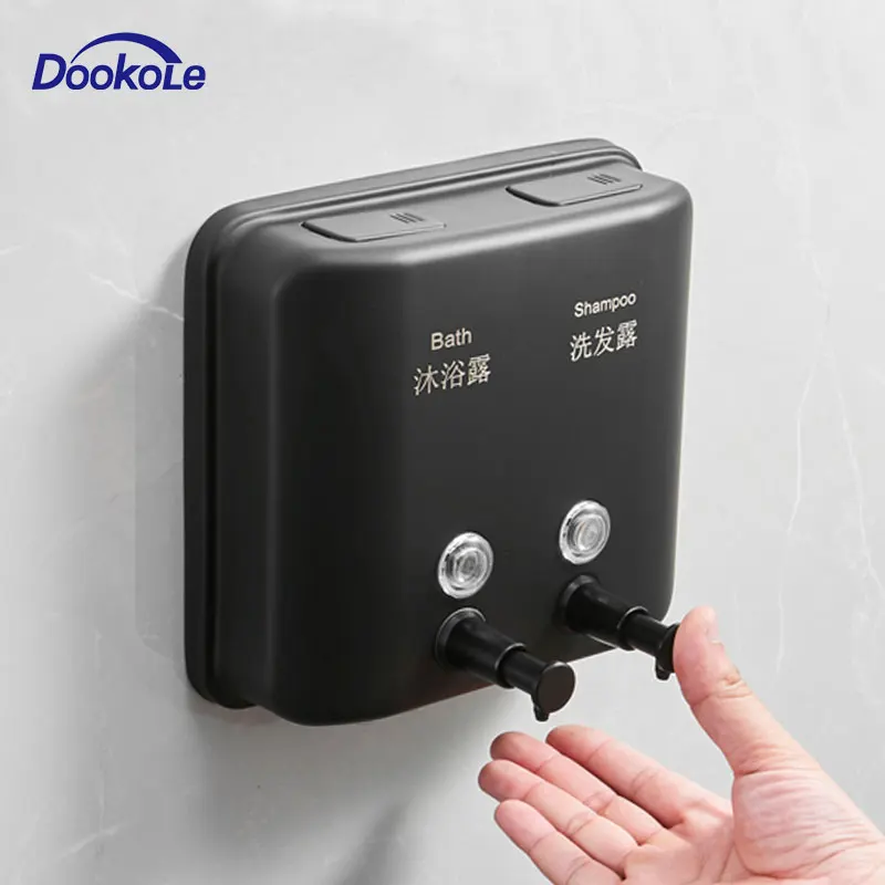 1500ml Manual Double Soap Dispenser Wall-mounted, 304 Stainless Steel Bathroom Shampoo and Shower Gel Pump Matte Black