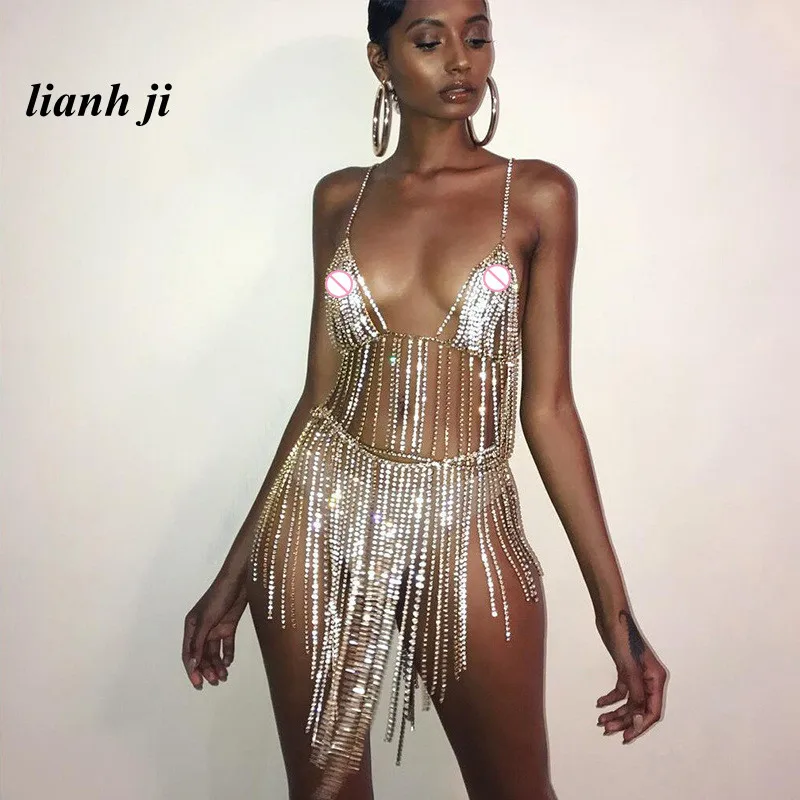 

Sexy Body Jewelry Bikini Crystal Sling Bra Chain Three Point Thong Chest Chain Tassels Skirt Chain Beach Outfit Waist Chain
