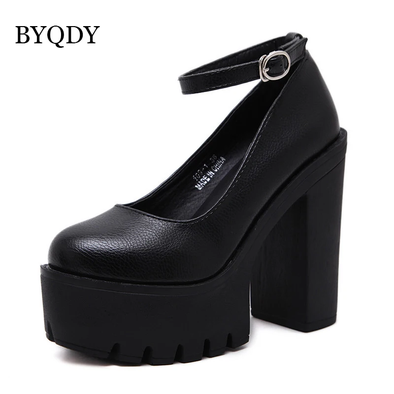 BYQDY Ankle Strap Woman Pumps Chunky Heels Platform Round Toe Ladies Shoes Plus 42 Party Office Pumps Block Heels Spring New