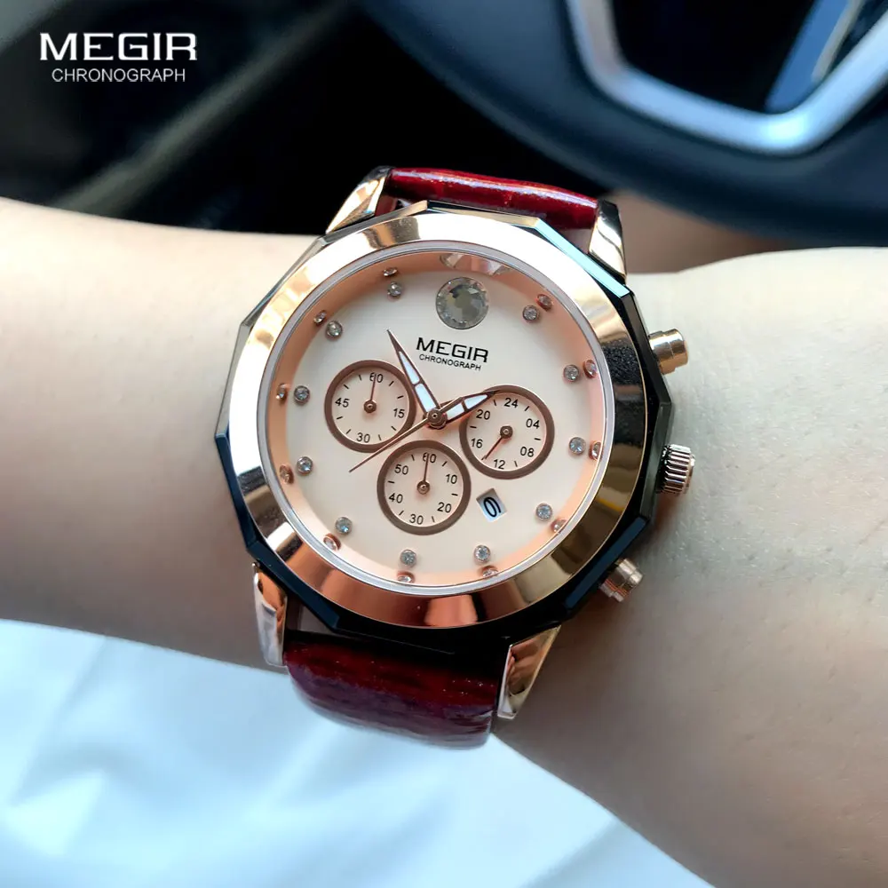 Megir Fashion Quartz Watch Women Luxury Chronograph Wrist Watch Lady Red Genuine Leather Strap Waterproof Relogio Femininos 2042