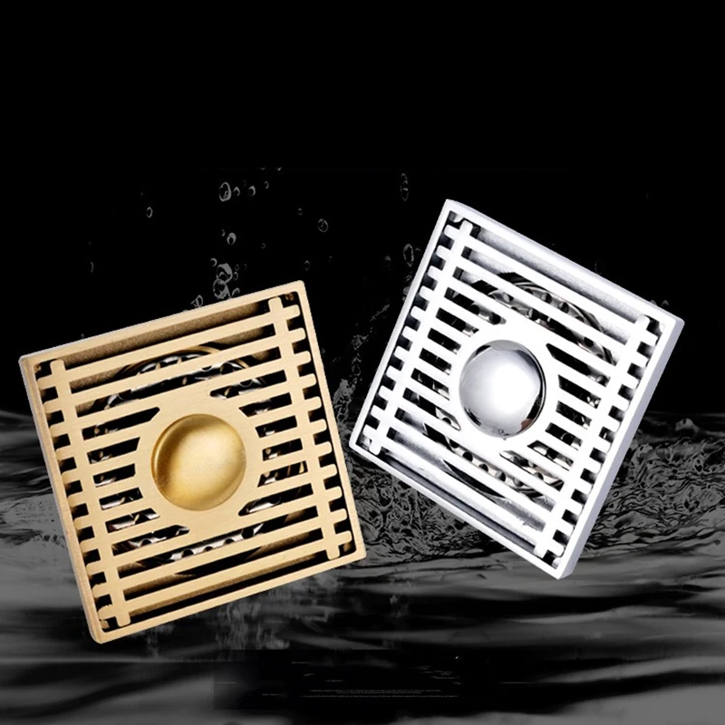 Floor Drain Chrome Brass Shower Drains Bathroom Accessory Square Cover Anti-odor Hair Strainer Balcony Gold Sink Drain 10X10 cm