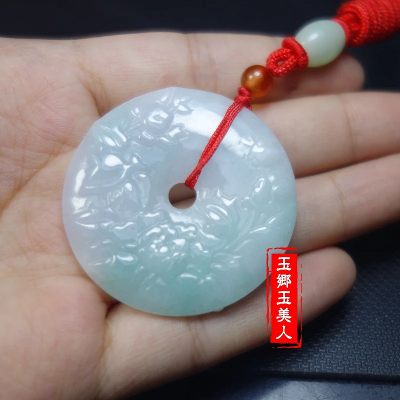 Quality jadite Pendant  Carven tree peony circular Amulet  Jade Ornaments Hanging with certificate