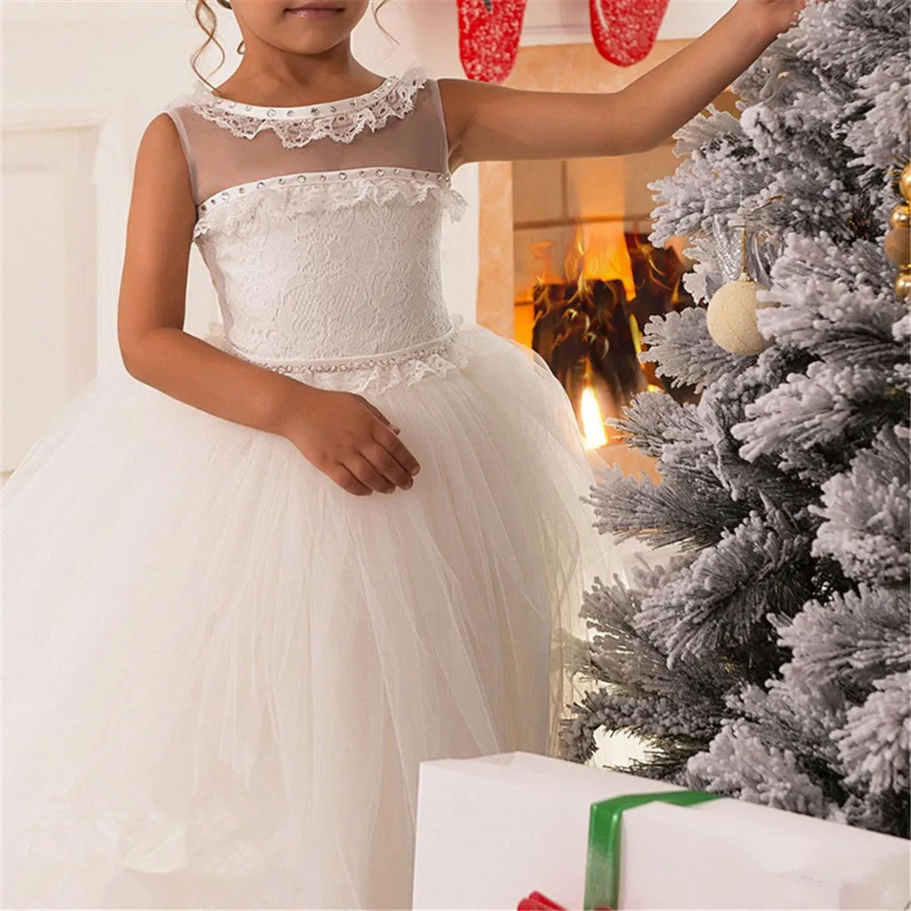 

White Flower Girl Dresses For Weddings Party Fluffy Gown Sleeveless Tulle Lace First Holy Communion Dresses For Little Girl