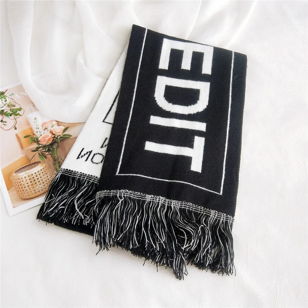 Letters Double Sided tassle Scarf Knitted Wool Long women and man Winter Thicken Warm Soft Shawls Wraps Female Scarf