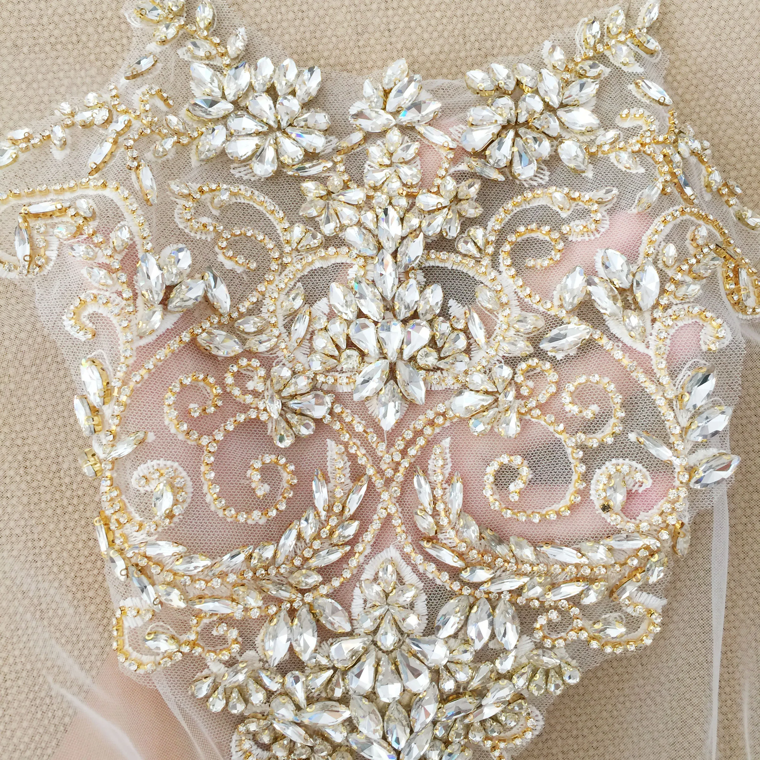 

Pure Hand Made Gold Crystal Rhinestone Beaded Bridal Bodice Applique for Wedding Belt Bridal Sash ,Haute Couture Aceessories