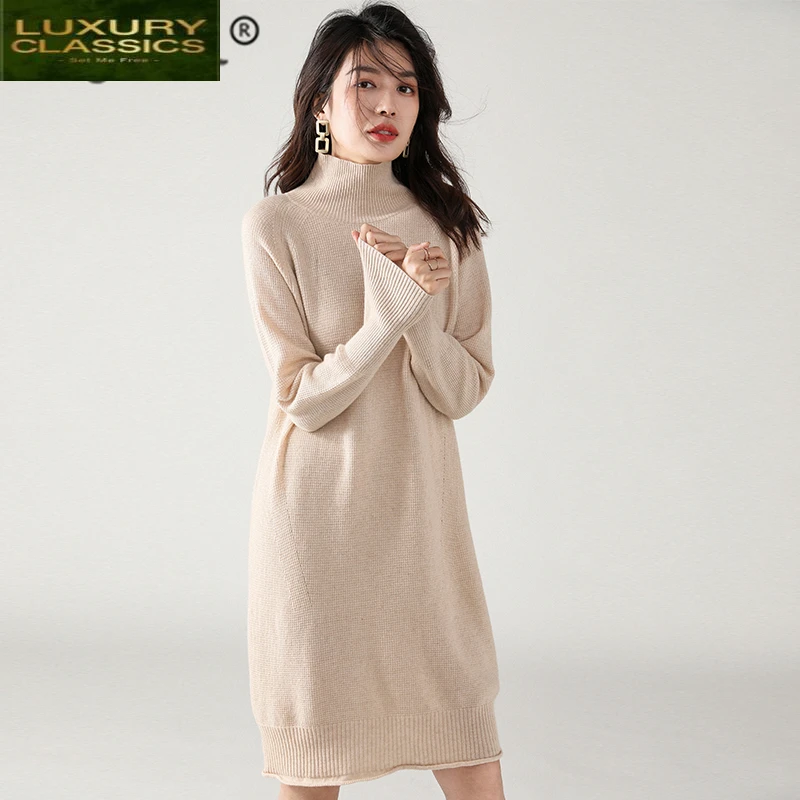 

Women Cashmere Winter Sweater Clothes 2021 Wool Turtleneck Pullover Long Warm Pull Femme Eleagnt Sweater Dress Hiver 1914