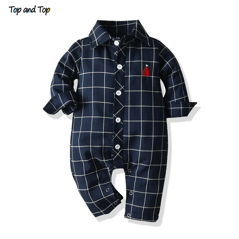 

Top and Top Fashion Baby Boys Gentleman Rompers Long Sleeve Plaid Cotton Infant Toddler Jumpsuit Newborn Formal Clothes Bebes