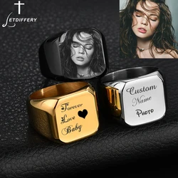 Letdiffery-Bague Personnalisée avec Nom et Photo Gravés, en Acier Inoxydable, pour Famille, Amoureux, Fiançailles, Mariage, Bijoux pour Homme