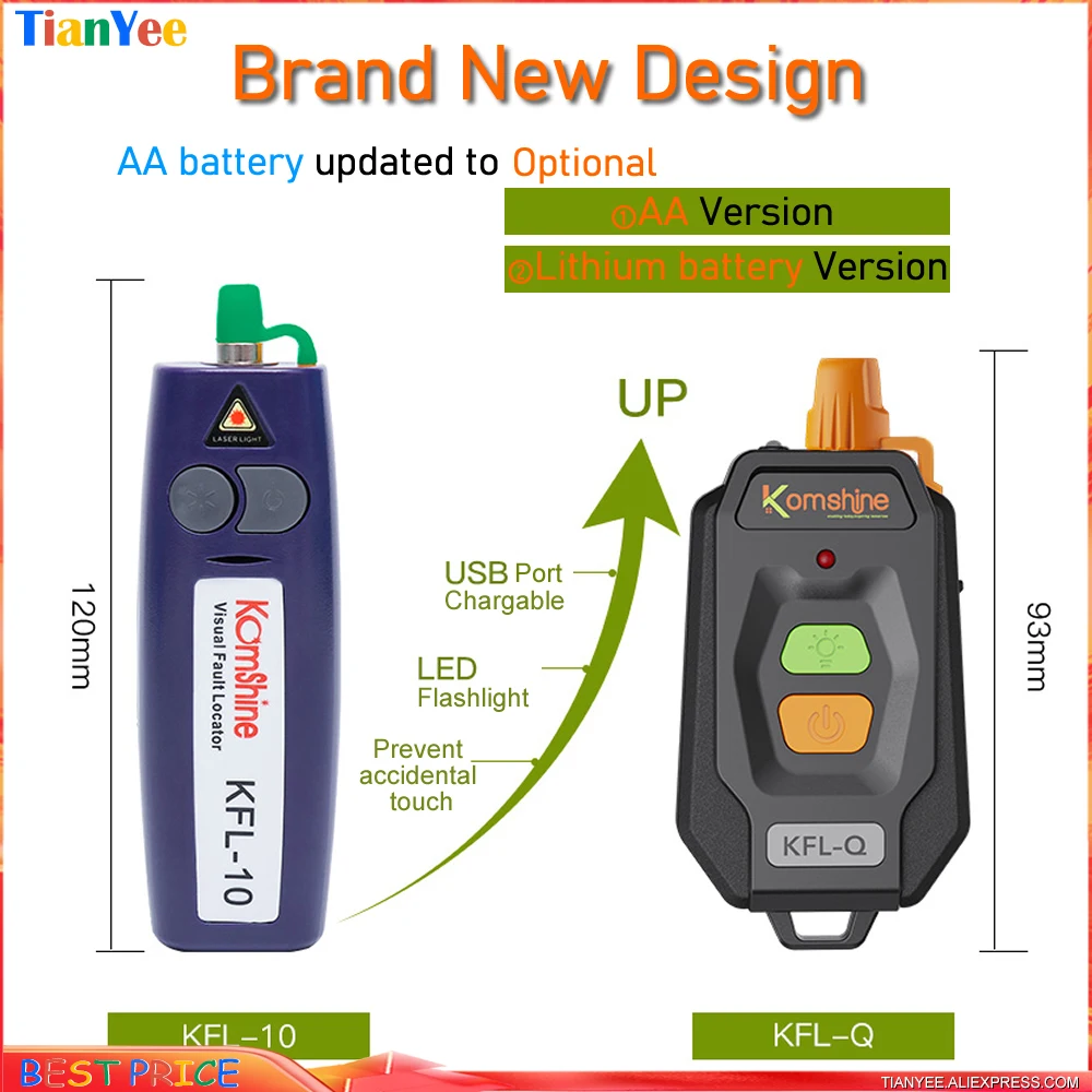 Komshine KFL-10 updated KFL-Q Mini Handheld Visual Fault Locator VFL Optical Fiber Cable Tester Fiber Optic Fiber Break Checker