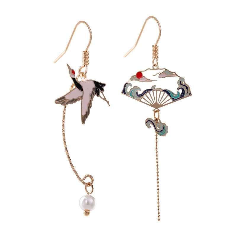 Chinese Style Folding Fan Crane Carp Lotus Asymmetrical Long Tassel Dangle National Style Earrings for Women Jewelry Gift