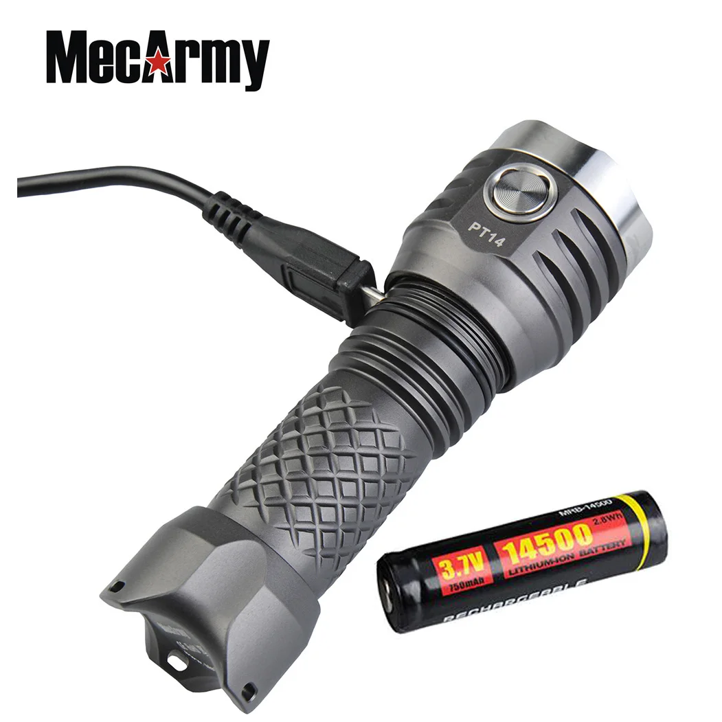 

Ultra bright Compact Flashlight MecArmy PT14 USB Rechargeable 900 Lumens EDC Flashlight Lantern built-in 14500 Li-ion battery