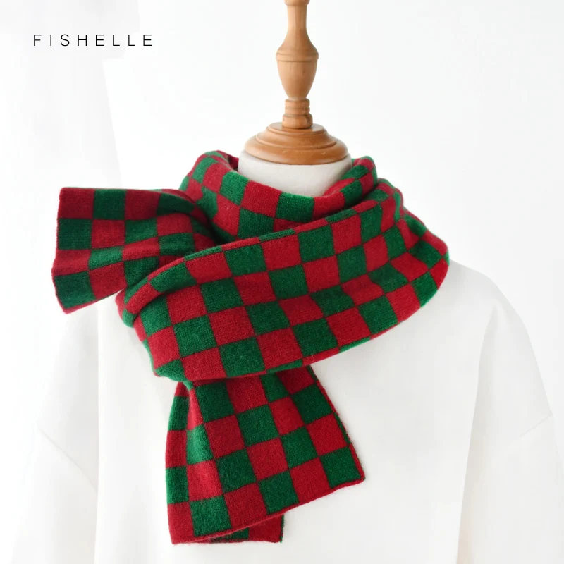 

wool scarf women men winter thick warm knits scarves two layers ladies red green plaid kid long shawl boys girls Christmas gift