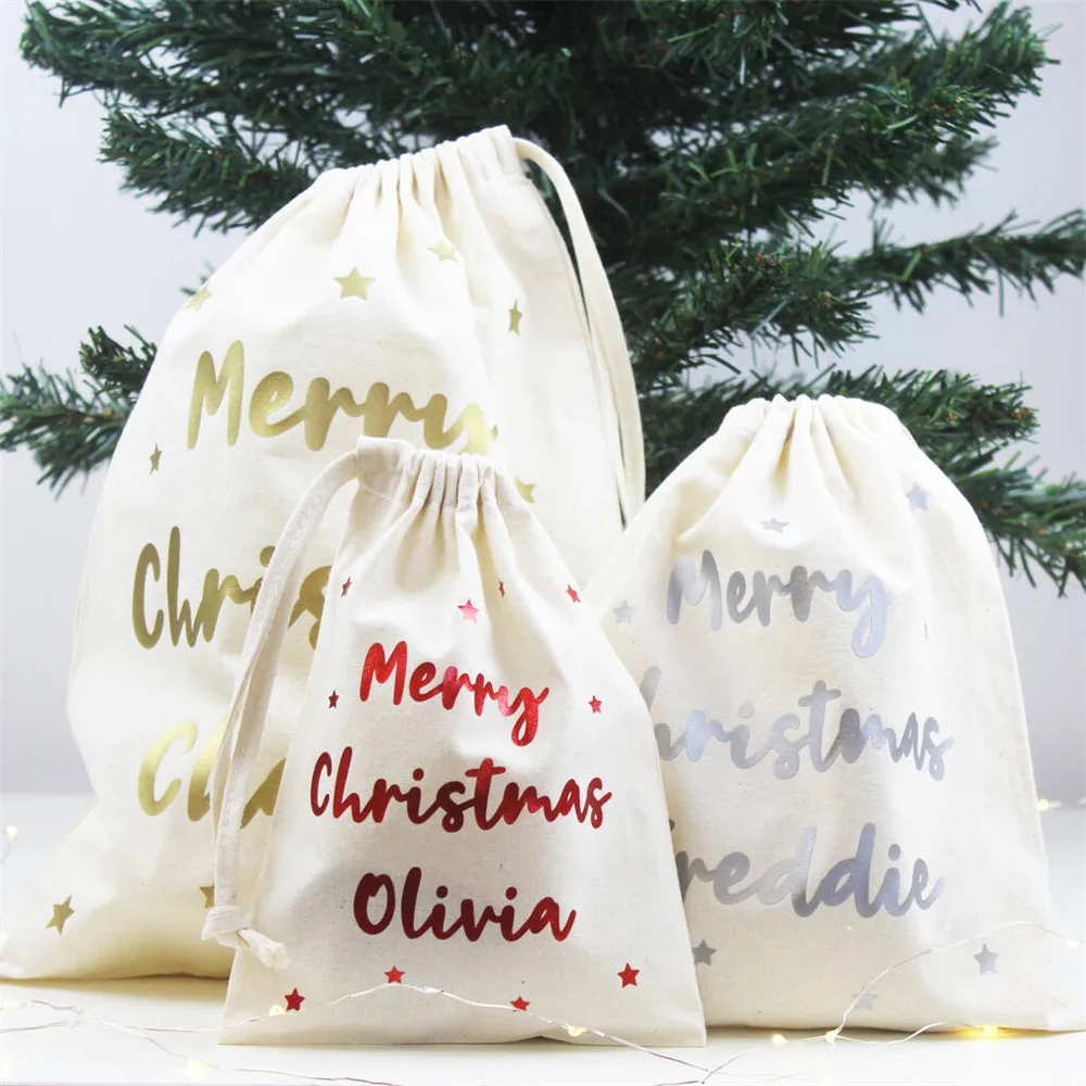 Custom Baby Name Christmas Eve Santa Sacks Personalized Merry Christmas New Year Drawstring Cotton Gifts Bags Xmas Stocking Bags