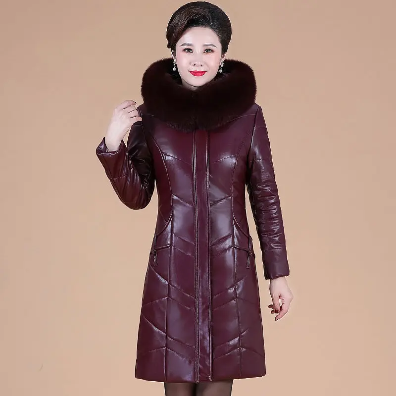 2022 New Winter Pu leather Parka Women Down Cotton Jacket Fur Collar Coat Female Thicken Warm Mid Long OuterwearR1674[blackl]