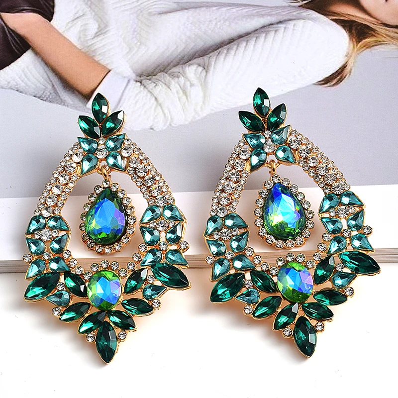 Crystal Big Earrings For Women Flower Pendant Blue Green Statement Earrings Large Rhinestone Earrings Party Jewelry