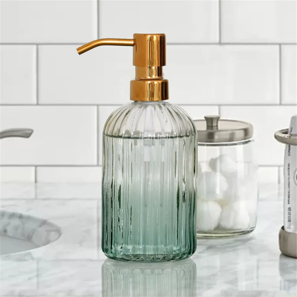 Green Glass Shampoo Bottle, Soap Dispenser, Metal Press Pump, Bath Hand Washing Bottles, Kitchen Detergent Sub-bottle, 400ml