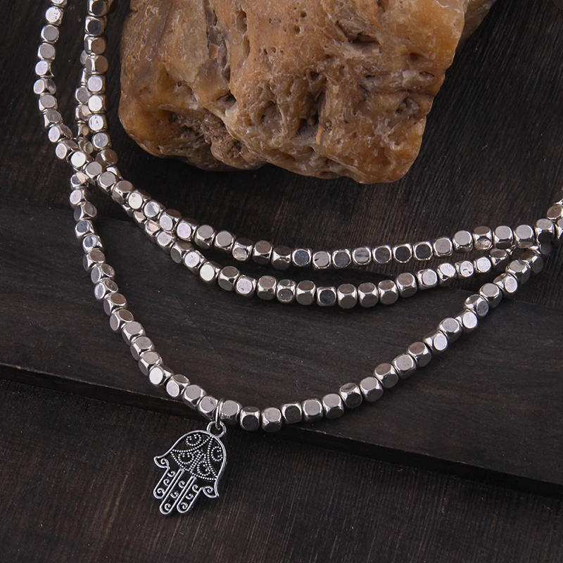 Fashion Bohemian Tribal Long Jewelry Square Beads long Halsband with Hamsa Hand Charm Necklace & Bracelet