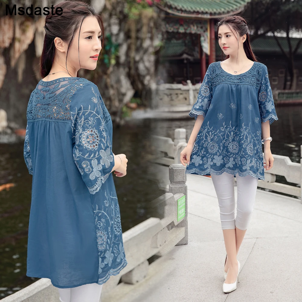 Tunic Tops for Women Summer Chinese Blouses Cotton Vintage Embroidery Loose Ladies Shirts Plus Size XL~3XL Woman Top and Blouse