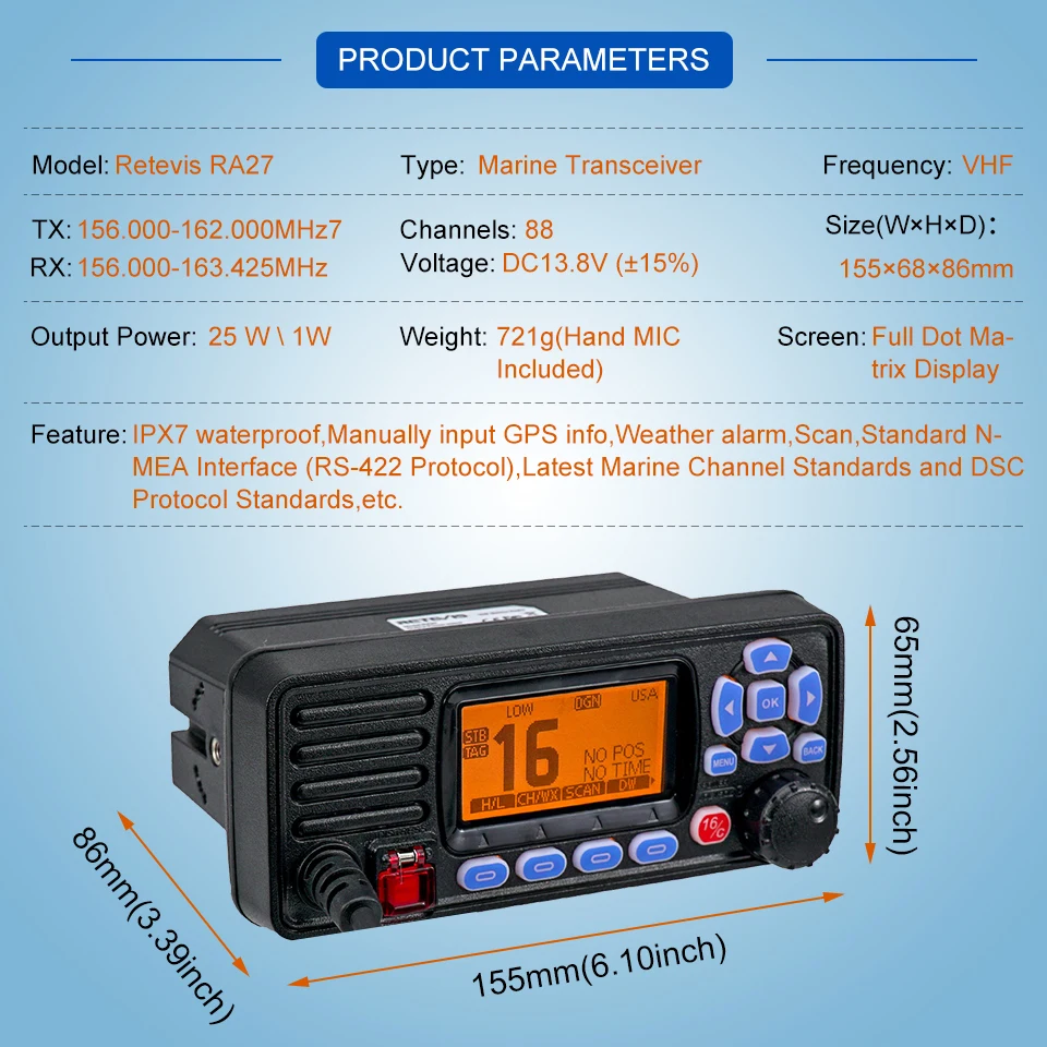 VHF Marine Radio Transceiver 25W IP67 Waterproof GPS NOAA Fixed-Mount Class D DSC Marine Transceiver (USA/INT/CAN)