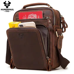 HUMERPAUL Genuine Leather Men's Shoulder Bag Vintage Cross Bags Large Capacity Male Messenger Tote Bag Travel Bolso Hombres