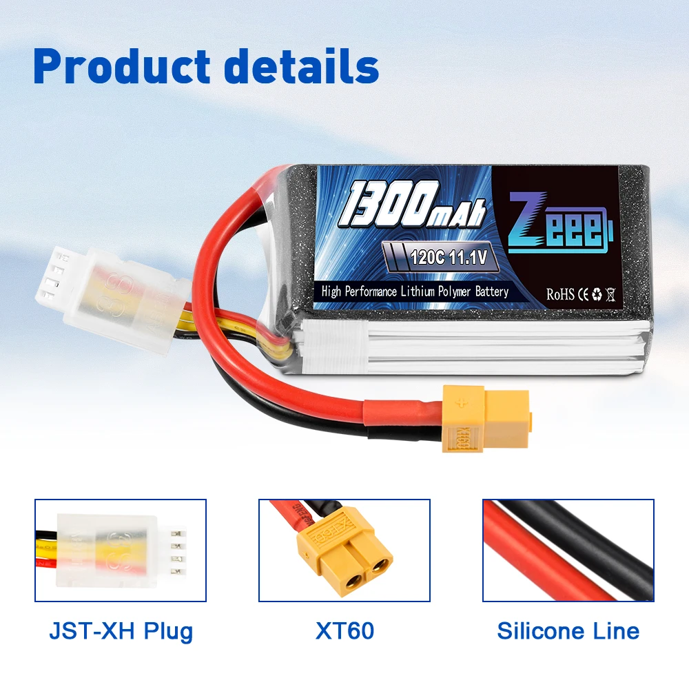 2units Zeee 3S RC Lipo Battery 11.1V 120C 1300mAh Softcase with XT60 Plug for RC Car Helicopter FPV Drone Airplane Racing Models